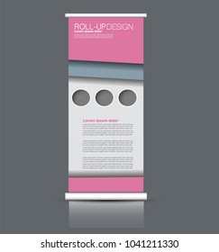 Roll up stand design. Vertical banner template. Vector illustration. Pink and grey color.