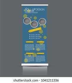 Roll up stand design. Vertical banner template. Vector illustration. Blue and yellow color.