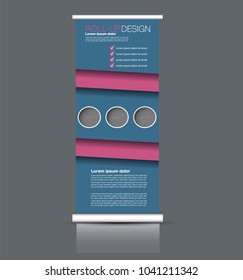 Roll up stand design. Vertical banner template. Vector illustration. Blue and pink color.