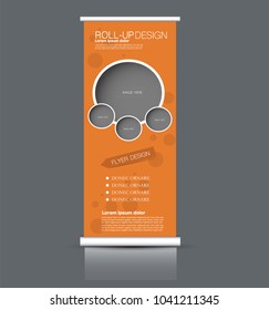 Roll up stand design. Vertical banner template. Vector illustration. Orange color.