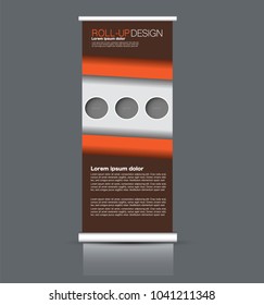 Roll up stand design. Vertical banner template. Vector illustration. Brown and orange color.