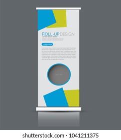 Roll up stand design. Vertical banner template. Vector illustration. Blue and green color.