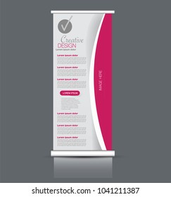 Roll up stand design. Vertical banner template. Vector illustration. Pink color.