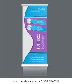 Roll up stand design. Vertical banner template. Vector illustration. Blue and purple color.