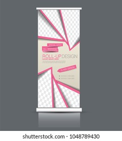 Roll up stand design. Vertical banner template. Vector illustration. Pink and yellow color.