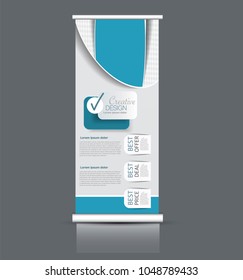 Roll up stand design. Vertical banner template. Vector illustration. Blue color.