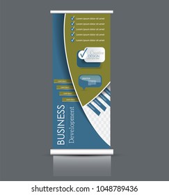 Roll up stand design. Vertical banner template. Vector illustration. Blue and green color.