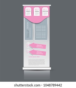 Roll up stand design. Vertical banner template. Vector illustration. Pink and grey color.
