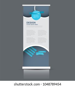 Roll up stand design. Vertical banner template. Vector illustration. Blue color.