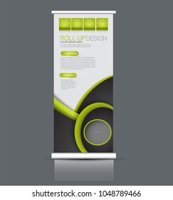 Roll up stand design. Vertical banner template. Vector illustration. Black and green color.