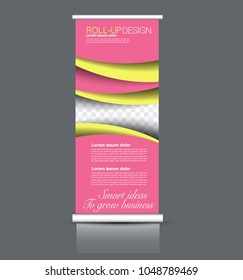 Roll up stand design. Vertical banner template. Vector illustration. Pink and yellow color.