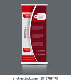 Roll up stand design. Vertical banner template. Vector illustration. Red color.