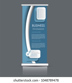Roll up stand design. Vertical banner template. Vector illustration. Blue color.