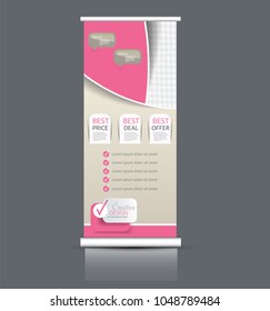Roll up stand design. Vertical banner template. Vector illustration. Pink and yellow color.