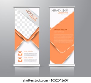Roll up stand design. Vertical banner template for education, business, presentation, advertisement. Vector illustration. Orange color.