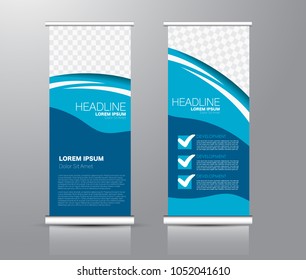 Roll up stand design. Vertical banner template for education, business, presentation, advertisement. Vector illustration. Blue color.