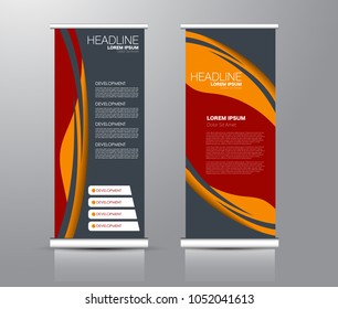 Roll up stand design. Vertical banner template for education, business, presentation, advertisement. Vector illustration. Red and orange color.