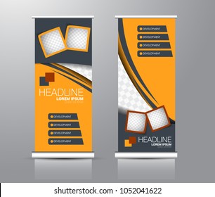 Roll up stand design. Vertical banner template for education, business, presentation, advertisement. Vector illustration. Red and orange color.