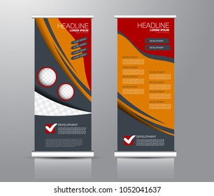 Roll up stand design. Vertical banner template for education, business, presentation, advertisement. Vector illustration. Red and orange color.