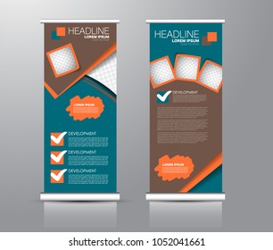 Roll up stand design. Vertical banner template for education, business, presentation, advertisement. Vector illustration. Blue, orange, and brown color.