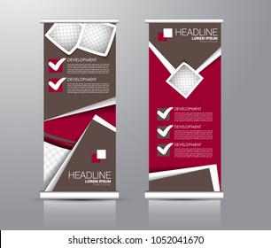 Roll up stand design. Vertical banner template for education, business, presentation, advertisement. Vector illustration. Red and brown color.