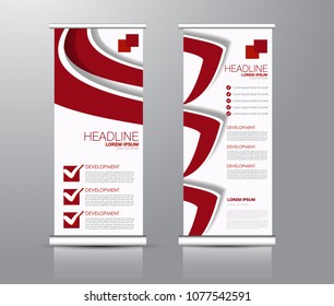 Roll up stand design. Vertical banner template for education, business, presentation, advertisement. Vector illustration. Red color.
