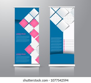 Roll up stand design. Vertical banner template for education, business, presentation, advertisement. Vector illustration. Blue and pink color.