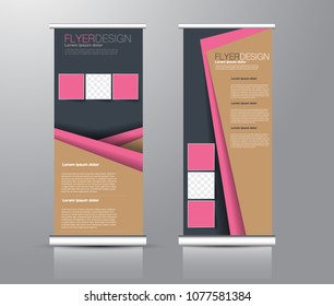 Roll up stand design. Vertical banner template for education, business, presentation, advertisement. Vector illustration. Brown and pink color.