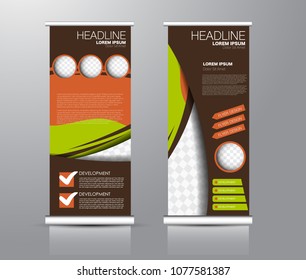 Roll up stand design. Vertical banner template for education, business, presentation, advertisement. Vector illustration. Brown, green, and orange color.