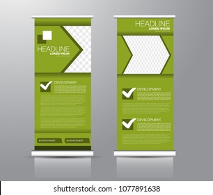 Roll up stand design. Vertical banner template for education, business, presentation, advertisement. Vector illustration. Green color.