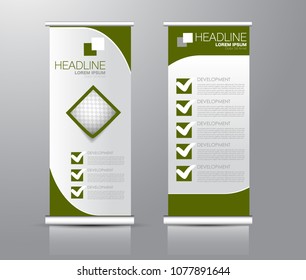Roll up stand design. Vertical banner template for education, business, presentation, advertisement. Vector illustration. Green color.