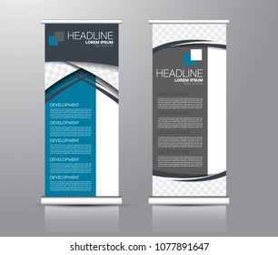 Roll up stand design. Vertical banner template for education, business, presentation, advertisement. Vector illustration. Blue color.