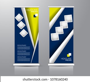 Roll up stand design. Vertical banner template for education, business, presentation, advertisement. Vector illustration. Blue and yellow color.