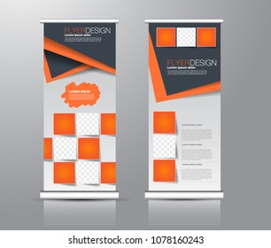 Roll up stand design. Vertical banner template for education, business, presentation, advertisement. Vector illustration. Orange color.