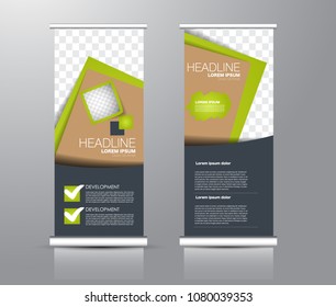 Roll up stand design. Vertical banner template for education, business, presentation, advertisement. Vector illustration. Green and brown color.