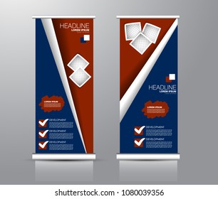Roll up stand design. Vertical banner template for education, business, presentation, advertisement. Vector illustration. Blue and red color.