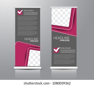 Roll up stand design. Vertical banner template for education, business, presentation, advertisement. Vector illustration. Pink and grey color.