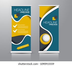 Roll up stand design. Vertical banner template for education, business, presentation, advertisement. Vector illustration. Blue and orange color.
