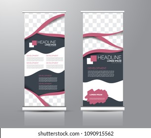 Roll up stand design. Vertical banner template for education, business, presentation, advertisement. Vector illustration. Grey and pink color.