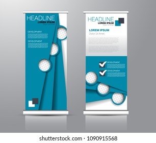 Roll up stand design. Vertical banner template for education, business, presentation, advertisement. Vector illustration. Blue color.