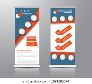 Roll up stand design. Vertical banner template for education, business, presentation, advertisement. Vector illustration. Blue and orange color.