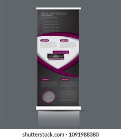 Roll up stand design. Vertical banner template. Vector illustration. Black and purple color.