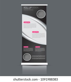 Roll up stand design. Vertical banner template. Vector illustration. Black and pink color.