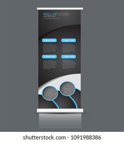 Roll up stand design. Vertical banner template. Vector illustration. Black and blue color.