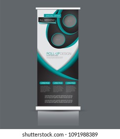 Roll up stand design. Vertical banner template. Vector illustration. Black and green color.