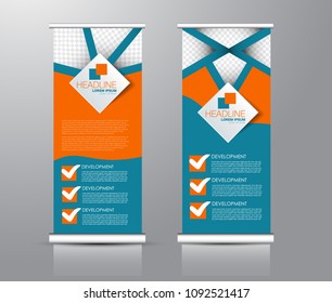 Roll up stand design. Vertical banner template for education, business, presentation, advertisement. Vector illustration. Blue and orange color.