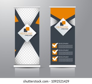 Roll up stand design. Vertical banner template for education, business, presentation, advertisement. Vector illustration. Grey and orange color.