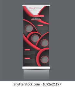 Roll up stand design. Vertical banner template. Vector illustration. Black and red color.