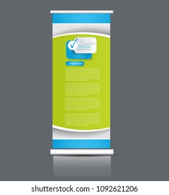 Roll up stand design. Vertical banner template. Vector illustration. Blue and green color.
