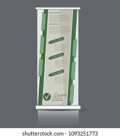 Roll up stand design. Vertical banner template. Vector illustration. Green color.